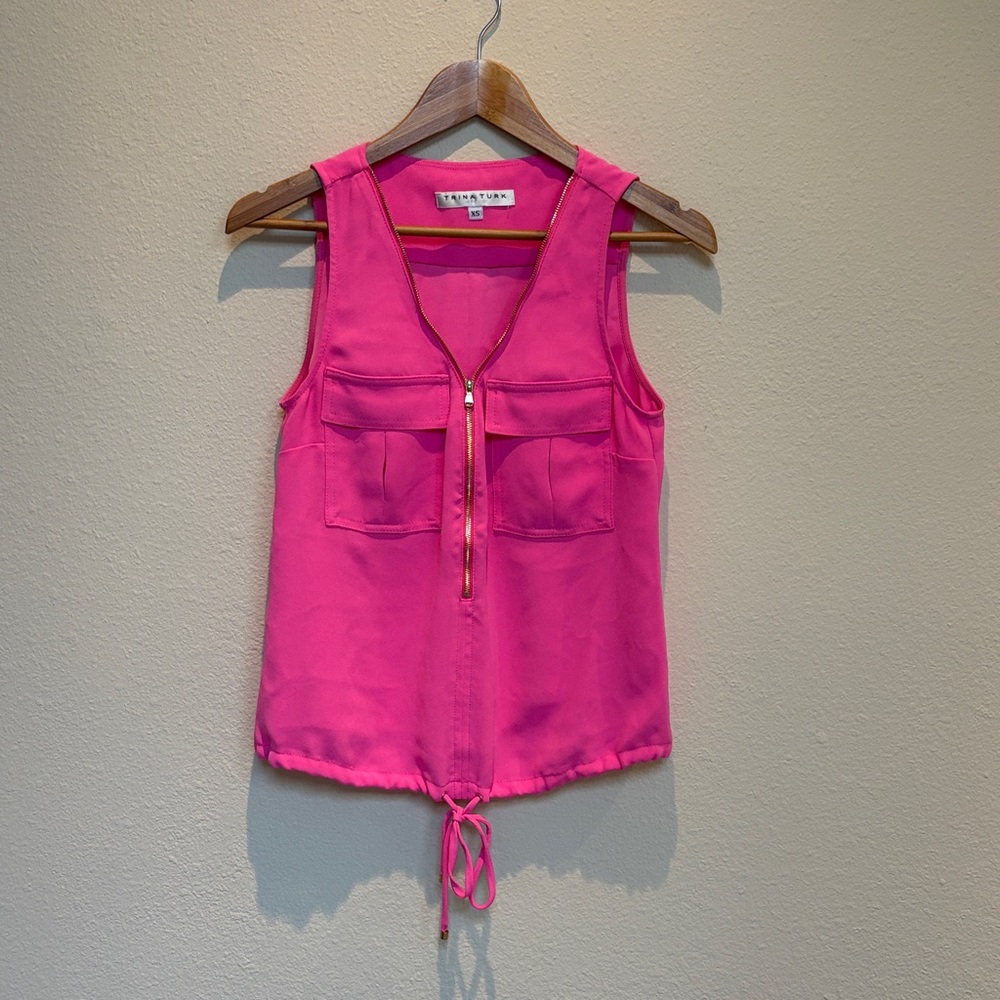 Trina Turk Hot Pink Zip-Front Sleeveless Tank with Drawstring